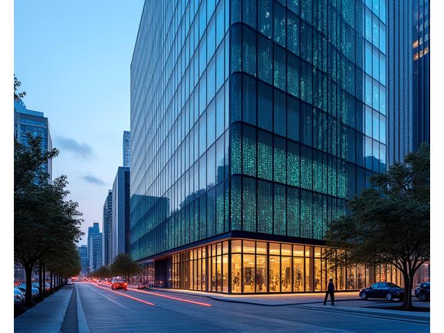 Modern fintech office exterior in San Francisco with blockchain-inspired graphics