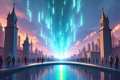 Stylized depiction of gaming characters and virtual items moving between interconnected blockchain platforms, illustrating cross-chain gaming interoperability.
