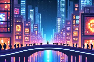 Artwork depicting various NFTs (digital art, collectibles) moving between connected blockchain networks, representing a cross-chain NFT marketplace.