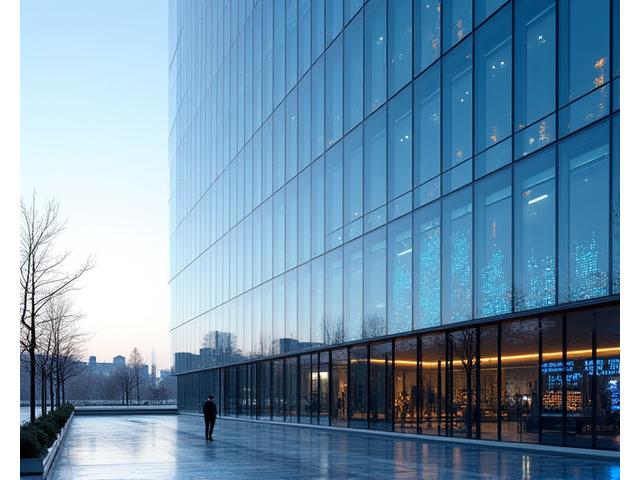 Modern financial institution building with digital overlay