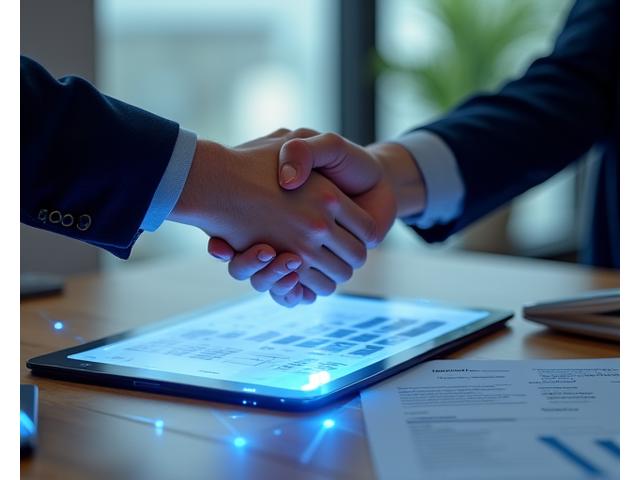 Hands shaking over a financial report, symbolizing partnership