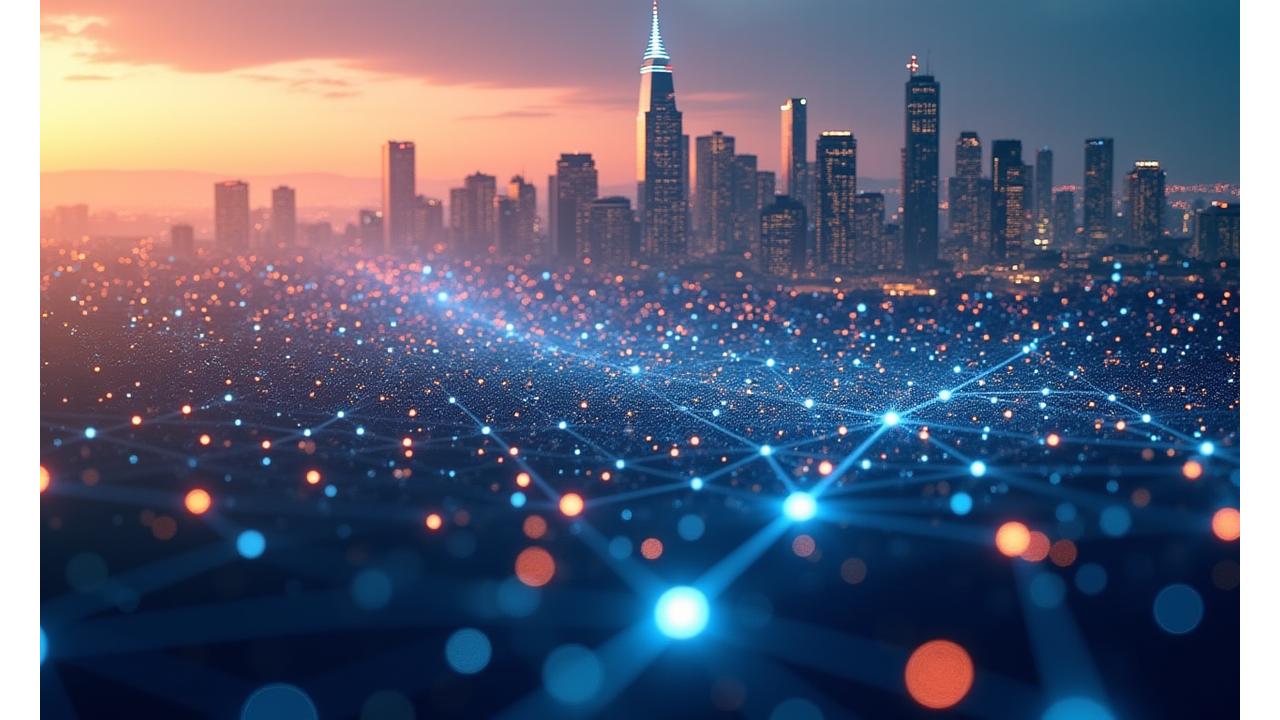Dynamic blockchain network visualization with San Francisco skyline integration representing advanced DeFi solutions by Alluvial Chain
