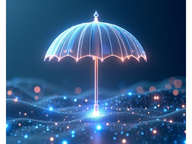 Illustration of a protective umbrella over a blockchain network