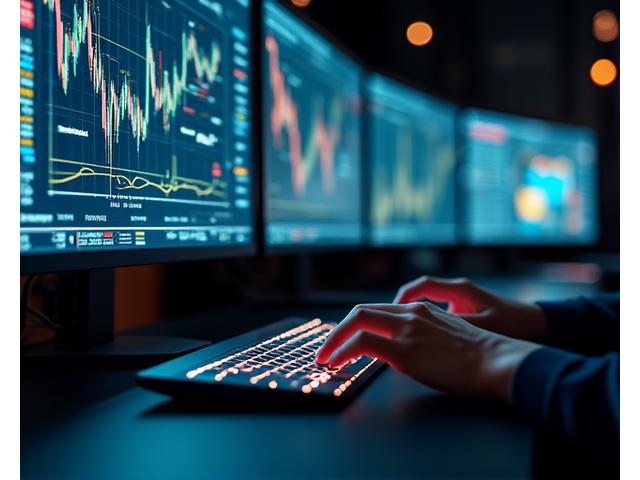 Person analyzing financial charts on multiple screens