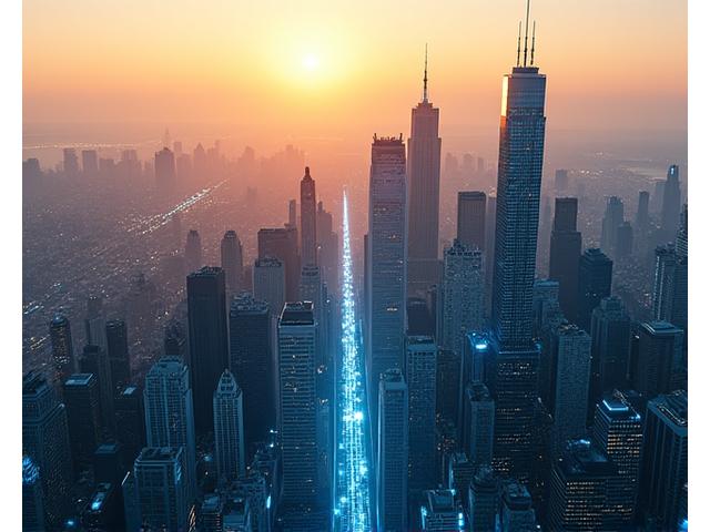 Aerial view of a city with digital overlay representing tokenized assets