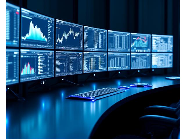 A sophisticated, clean institutional trading console with multiple screens displaying complex financial data, charts, and API integration points, focused on blockchain and DeFi metrics.