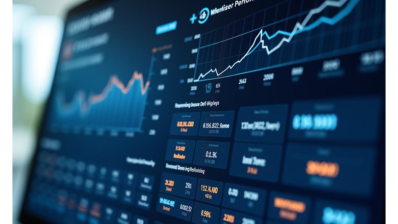 An interactive performance dashboard showing historical APY trends, impermanent loss mitigation, and capital utilization rates over time with various DeFi protocols represented.