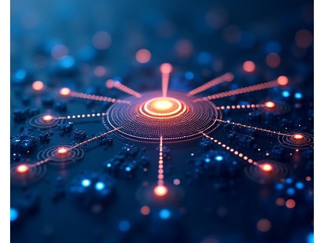 An abstract yet interconnected network of digital nodes and lines, representing a robust and scalable blockchain technology stack with glowing core components for data processing and security.