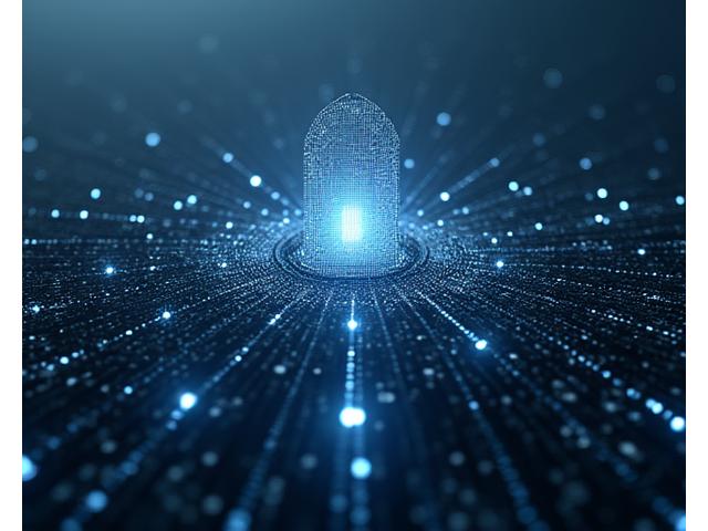 Futuristic digital fortress representing robust data encryption and cybersecurity measures, with cryptographic patterns.
