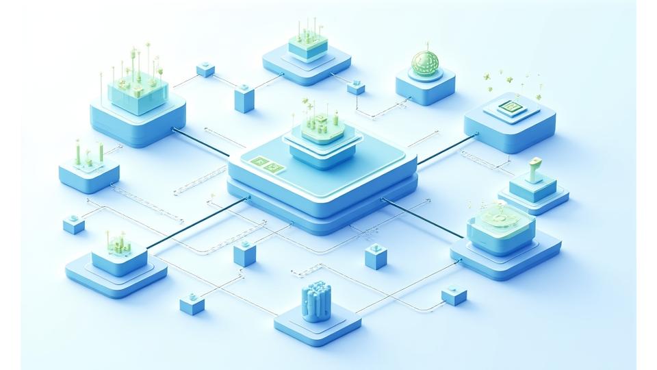 Illustration of a complex tokenomics model showing interconnections between various components like utility, governance, and distribution, with data flowing between them.